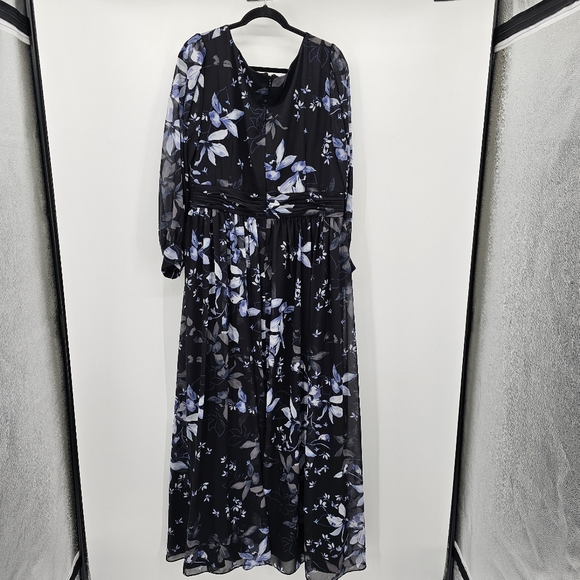 Adrianna Papell Blk/Blue Floral Printed Chiffon Formal Event Gown Womens 20W - Picture 3 of 9